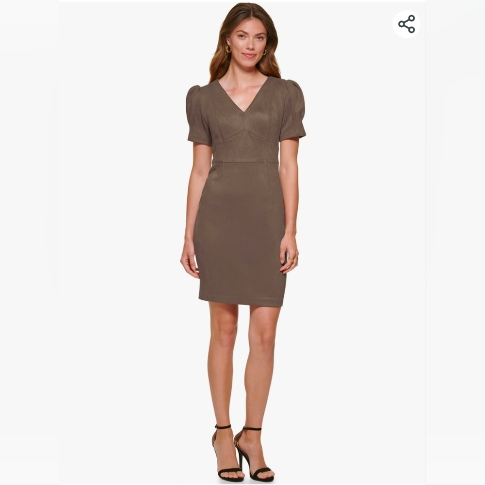 DKNY Elegant Vegan Suede Sheath Scuba Puff Sleeve Dress